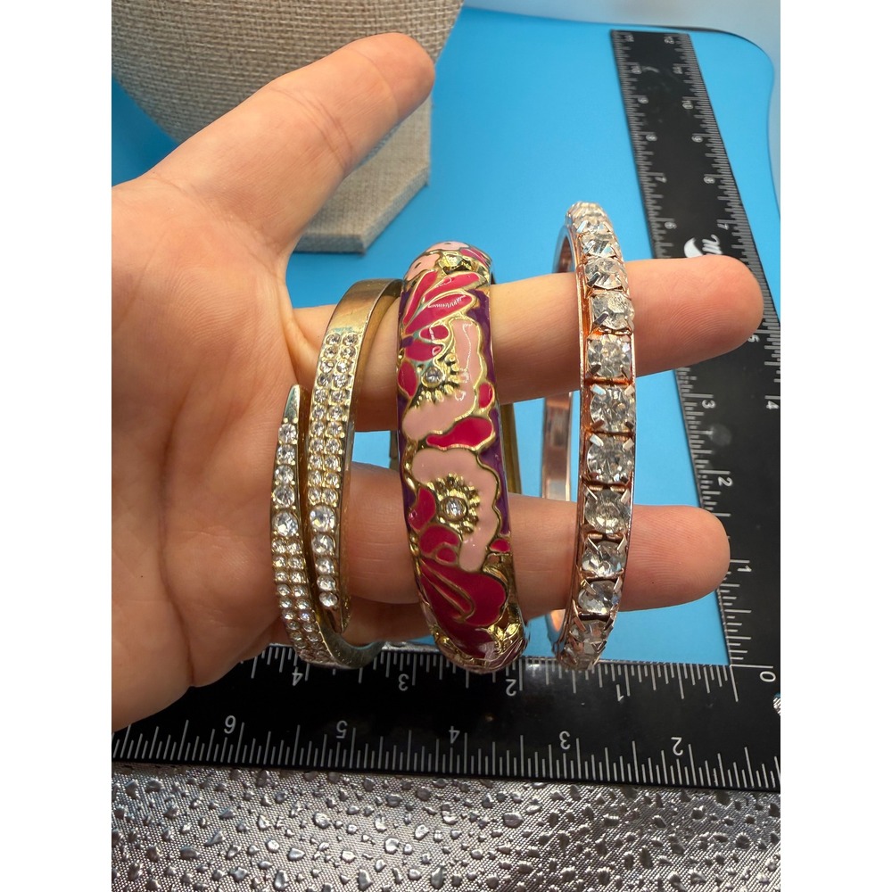 Set of 3 Hinged Bangle‎ Bracelets Floral Enamel Rhinestone Gold Rose Gold Tone